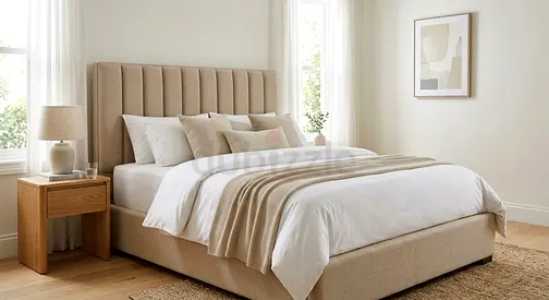 Beige Upholstered Double Bed with Headboard and Base