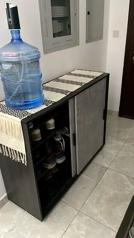 Compact shoe cabinet with storage and sliding door - dark wood finish