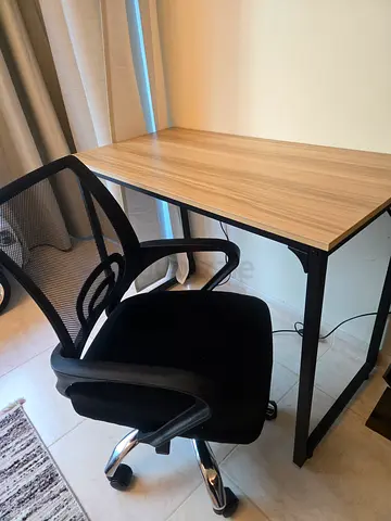 Simple wooden study desk with ergonomic mesh office chair - good condition