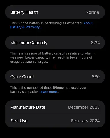 iPhone (used) — Battery 87% with 830 cycles, bought Dec 2023