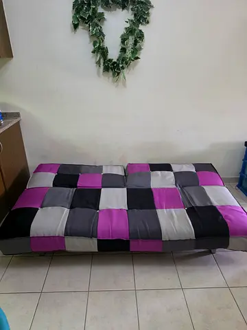 Convertible patchwork futon sofa bed - purple/grey checker design