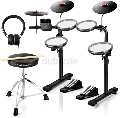 Compact Electronic Drum Kit with Stool, Headphones & Double Pedals - Good Condition