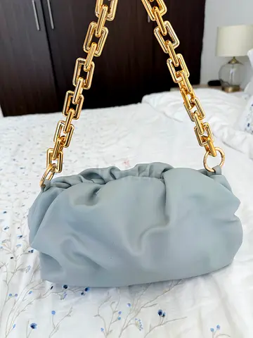 Light Grey / ice blue Soft Pleated Shoulder Bag with Gold Chain Strap