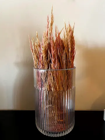 Clear Ribbed Glass Vase with Decorative Dried Pampas