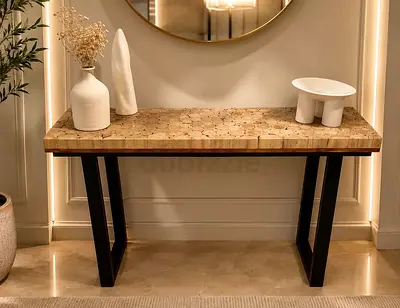 Marina Solid Wood Slice Console Table with Black Metal Legs - Entryway/Console