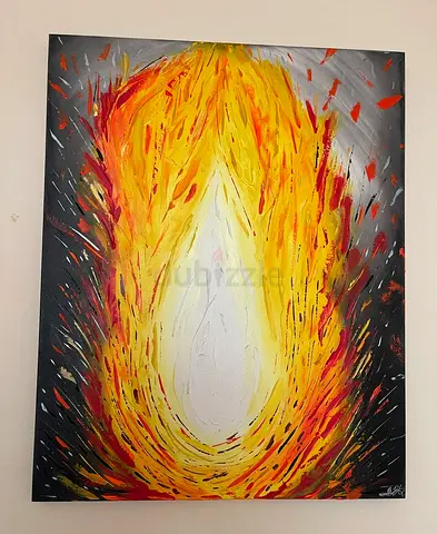 Original Abstract Acrylic Flame Painting on Canvas - Bold Yellow & Red