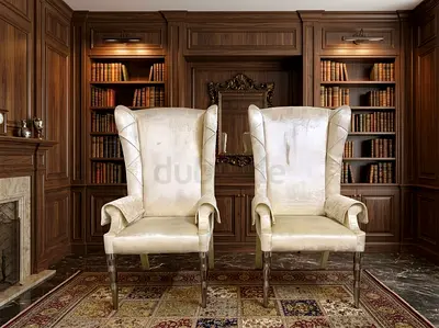 Visionnaire Cavalli Pair of Vintage High-Back Wing Chairs in Cream Velvet