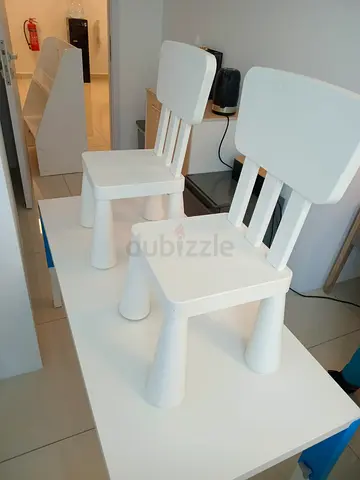 Pair of white kids' chairs – sturdy plastic dining/learning chairs