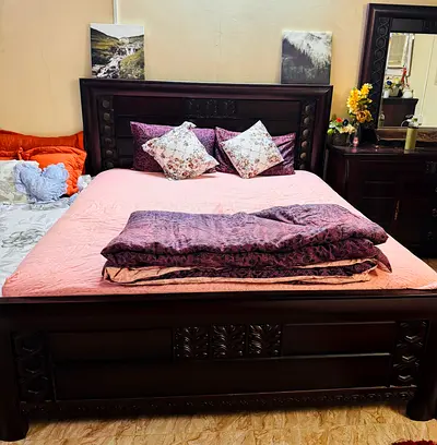 Solid Dark Wood Queen Bed Frame with Matching Dresser & Mirror