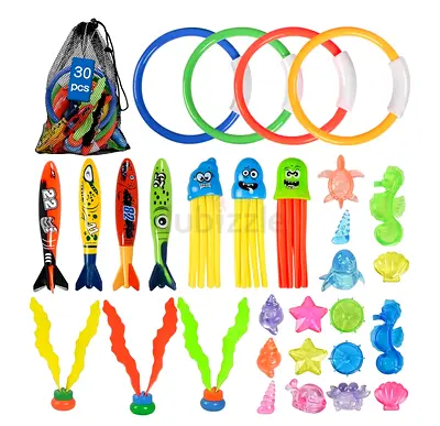 30pcs Pool Dive Toys Set — Floating Rings, Dive Sticks & Sea Creatures