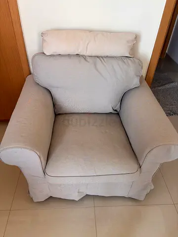 Beige Fabric Armchair with Loose Cushions - Good Condition