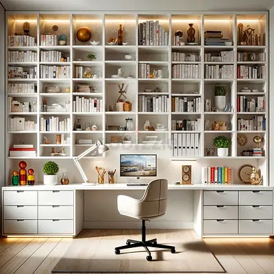White Wall Bookshelf with Integrated Desk