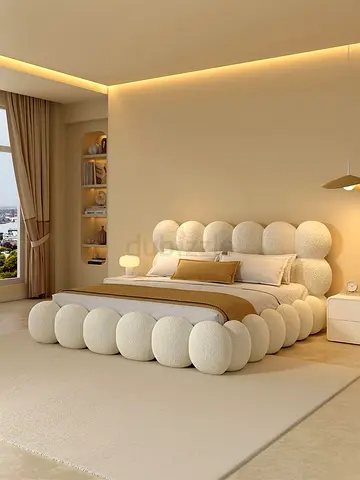 Modern Bubble Upholstered King Bed in Ivory Bouclé
