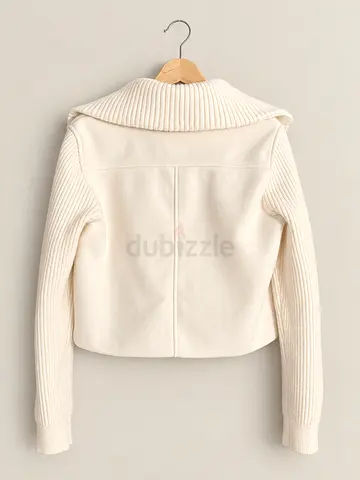 Cream knit-collar wool blend women's jacket - Size M