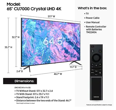 Samsung Smart TV, Crystal UHD, 65 Inch, Black, Crystal Processor 4K, Smart Hub, Object Tracking