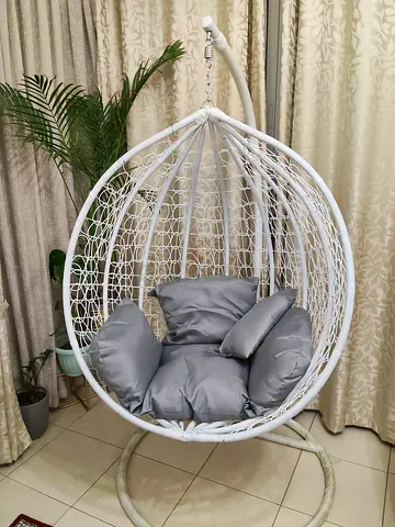 White Wicker Hanging Egg Chair with Cushions - Free-Standing Stand Included