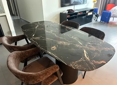 Modern Black Marble Dining Table with 6 Upholstered Chairs - dinner table 2200 aed - 6 chairs 1200