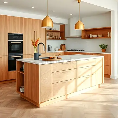 Modern wooden kitchen island with storage and white countertop