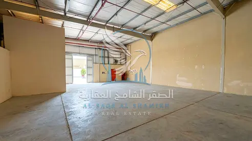 Warehouse for rent in Al Sajaa, offering 2,400 sq. ft. at AED 45 per sq. ft., with payment available in 4 installments.