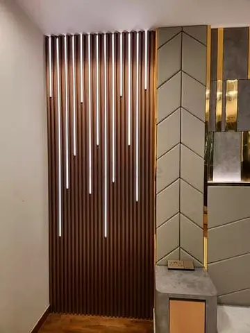 Modern Vertical Wooden Slat Decorative Wall Panel with Integrated LED Strips