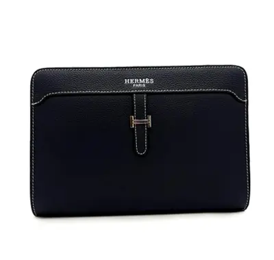 Hermes men's pouch, luxurious full-grain leather, black with white stitching