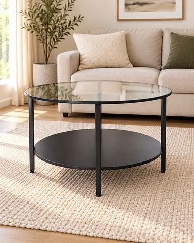 Stylish Round Glass Coffee Table with Lower Shelf ✨