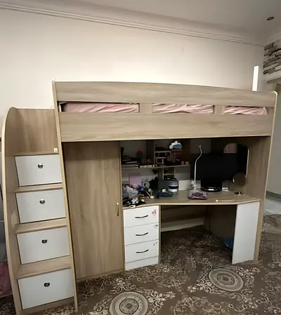 Solid wood loft bed with integrated desk, drawers and stairs - good condition