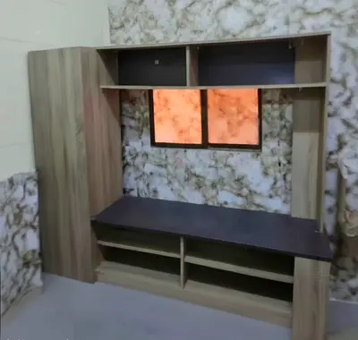 Wooden Entertainment Unit with Storage Shelves and Cabinets