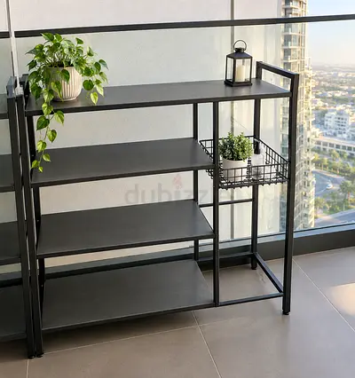 Metal 4-Tier Shelf Unit with Wire Basket - Black, Good Condition