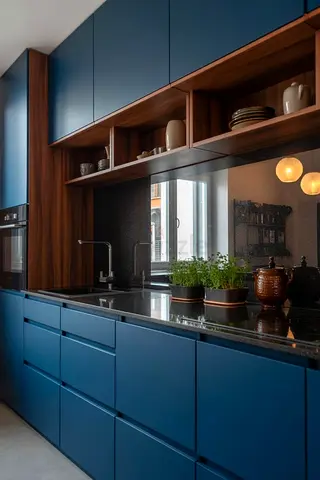 Modern Blue & Wood Kitchen Cabinet Set - Built-in Style