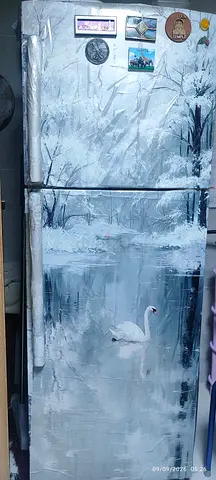 Used double-door refrigerator with decorative swan wrap - good working condition