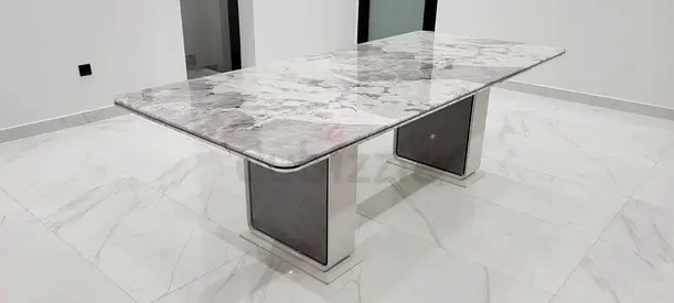 Modern Marble-design Dining Table with Chrome Pedestal Bases