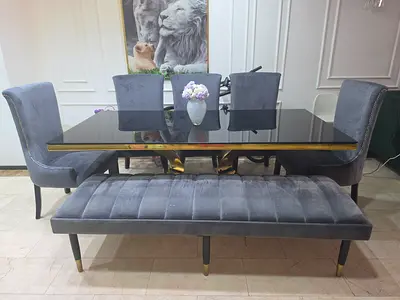 Modern Dining Table Set with Velvet Bench and Chairs - Glass Top