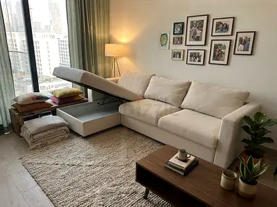 Cream L-shaped Storage Sofa bed - Good Condition vimle