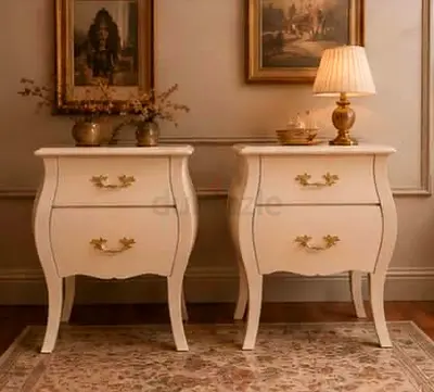 Pair of Vintage Style Cream Wooden Nightstands with Brass Handles
