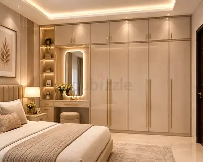 Built-in High Gloss Wardrobe with Vanity - Modern Bedroom Storage