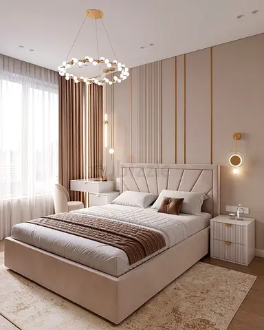 Modern upholstered queen bed with padded headboard and storage base