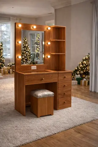 Wooden Makeup Vanity Dressing Table with Mirror, Lights and Stool