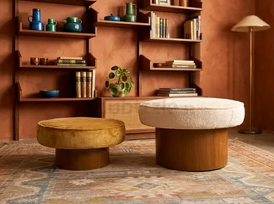 Pair of Round Wooden Ottomans — Mid-century Style, One Padded Sheepskin Top