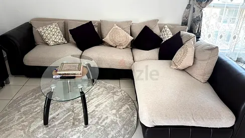 L-shaped Fabric & Leather Corner Sofa with Cushions - Good Condition