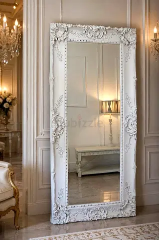 Shabby chic Large Ornate Full-Length Decorative Floor Mirror - White Baroque Frame