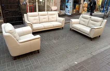 Cream Leather 3-piece Sofa Set — 3-seater, 2-seater & Armchair