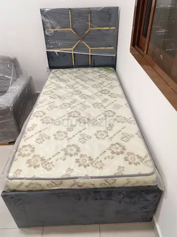 Single bed frame with mattress - grey upholstered, good condition
