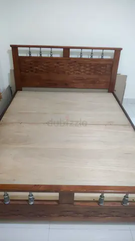 Solid Wood Double Bed Frame with Headboard and Metal Accents