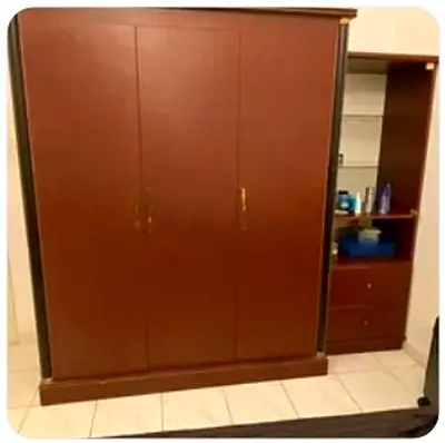 Solid Wood 3-Door Wardrobe with Side Shelves - Good Condition