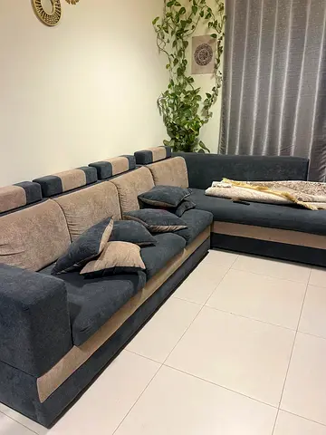 L-shaped 6-seater Fabric Sofa in Grey-Beige — Good Condition