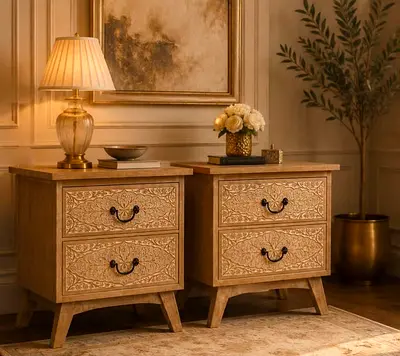 Marina Pair of Wooden Carved Bedside Nightstands - Classic Ornate Design
