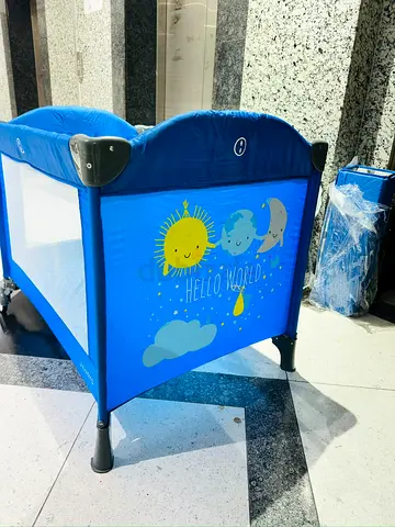 Portable Baby Playpen / Travel Cot - Blue "Hello World" Design