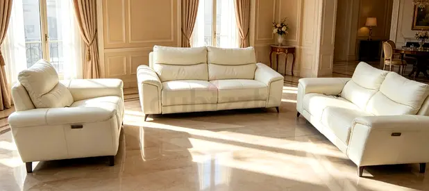 Cream Leather 3-piece Sofa Set — 3-seater, 2-seater and Armchair, Good Condition