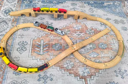 Wooden Train Track Set with Bridges and Multiple Carriages